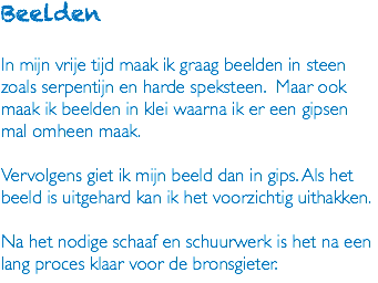 Beelden In mijn vrije tijd maak ik graag beelden in steen zoals serpentijn en harde speksteen. Maar ook maak ik beelden in klei waarna ik er een gipsen mal omheen maak. Vervolgens giet ik mijn beeld dan in gips. Als het beeld is uitgehard kan ik het voorzichtig uithakken. Na het nodige schaaf en schuurwerk is het na een lang proces klaar voor de bronsgieter. 
