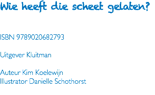 Wie heeft die scheet gelaten? ISBN 9789020682793 Uitgever Kluitman Auteur Kim Koelewijn Illustrator Danielle Schothorst 